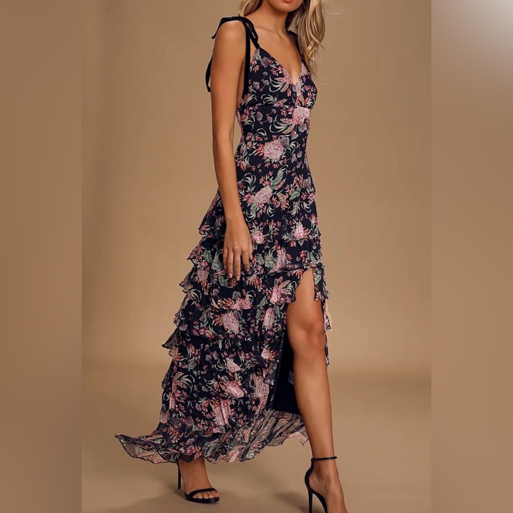 Bellevue The Label Antoinette Black Floral Ruffle Maxi Dress XS – $189 Retail